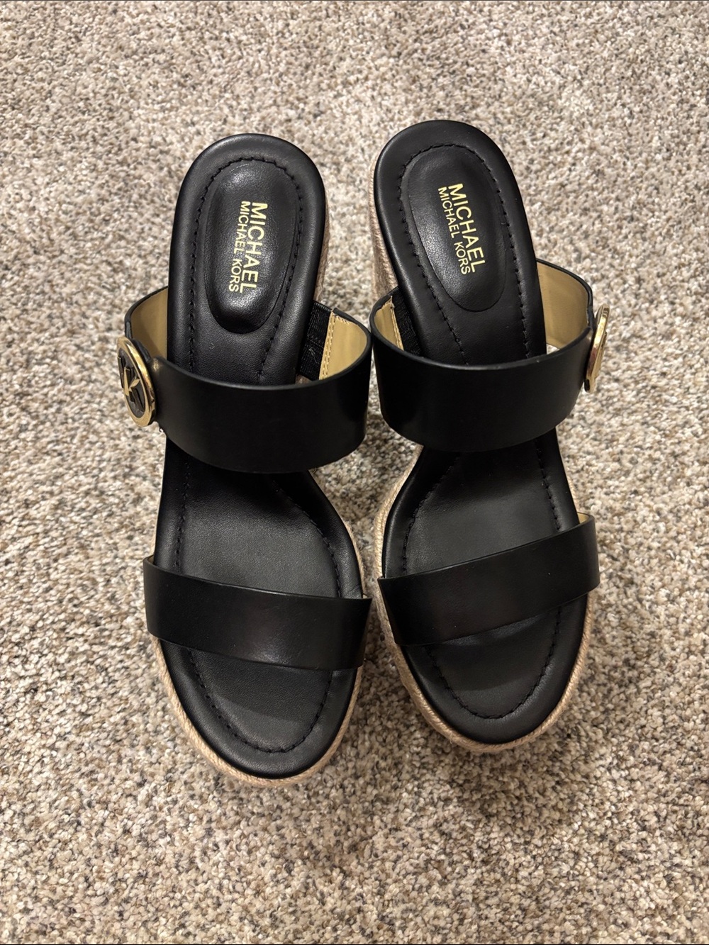 MICHAEL Michael Kors Black Leather Espadrille Wedges with Gold MK Accent - Picture 2 of 7